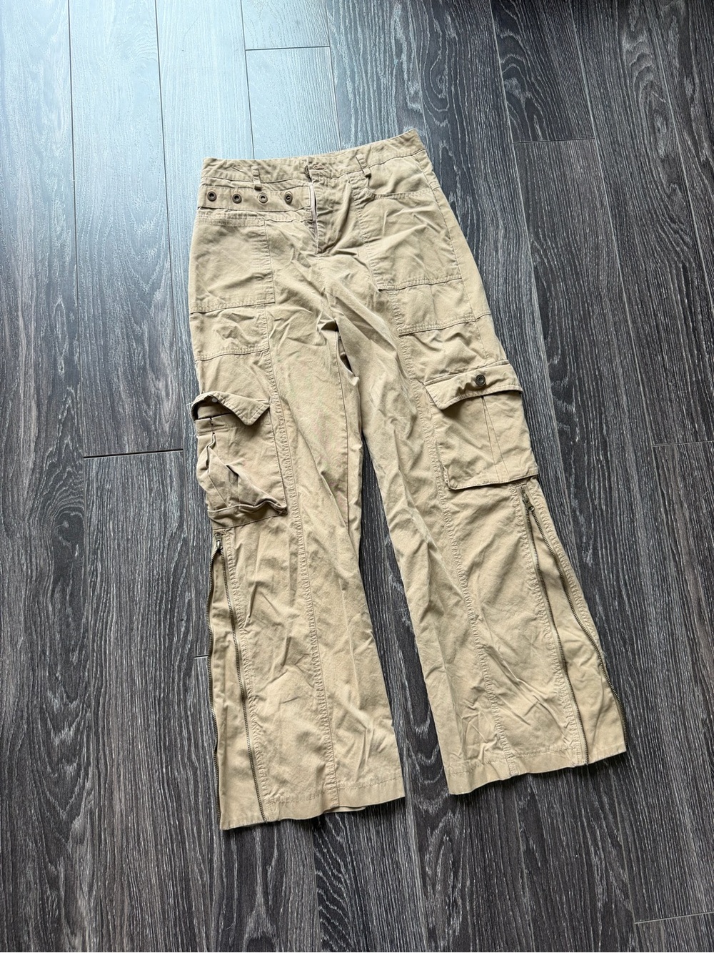Japanese Brand Light Khaki Cargo Wide-Leg Pants